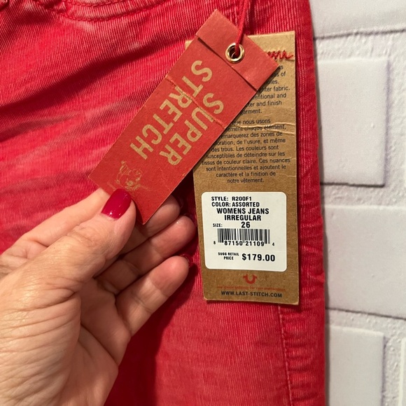 True Religion Red Super Stretch Orange coral Skinny Jeans - Size 26 - Picture 10 of 11
